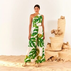 Farm Rio White Monstera One Shoulder Jumpsuit Banana Leaves Cut Out Romper XS
